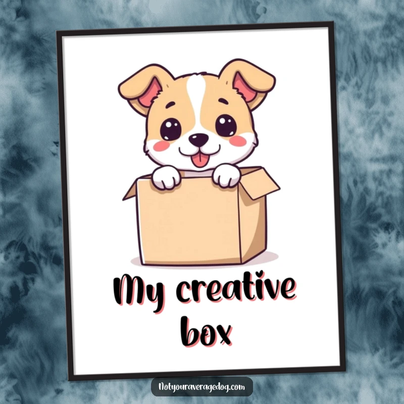 Funny digital art print of a dog’s head humorously sticking out of a ridiculously small box, capturing canine silliness.