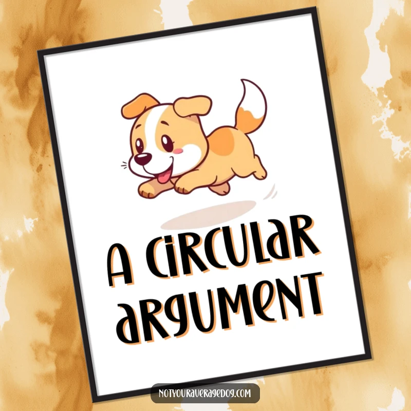 Funny dog in a comical, dizzying spin chasing its tail, downloadable funny digital art for walls.