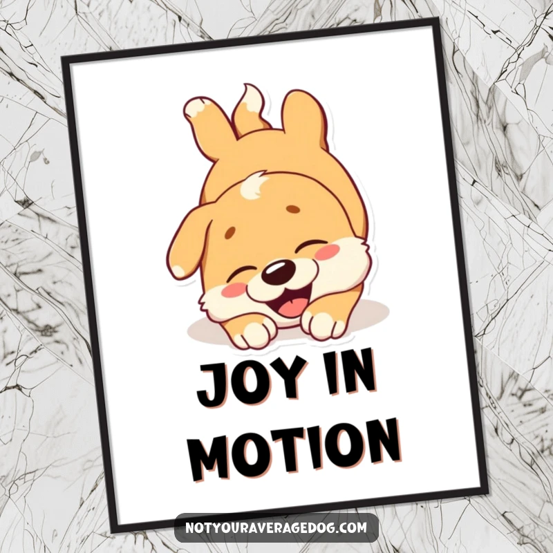 Funny dog digital art print showing a joyous dog tumbling head over paws, bringing energetic happiness to wall decor.