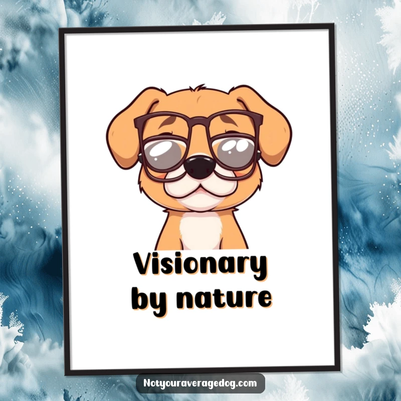 Funny dog wearing small, crooked glasses as a digital art print, capturing a moment of silly intellectualism for instant wall decor.