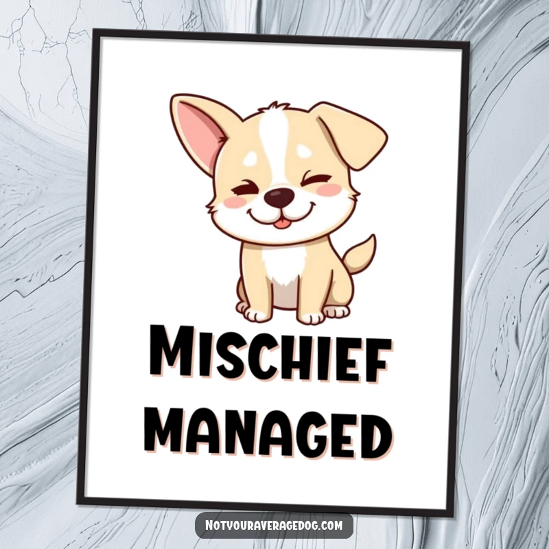 Funny dog digital art print showing a silly dog with one ear flopped and a mischievous wink, adding charm to decor.