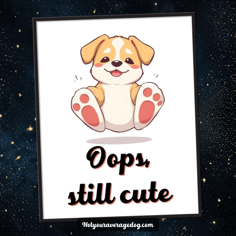 Funny digital art print of a dog tripping over its own giant paws and then standing up, perfect for humorous wall decor.