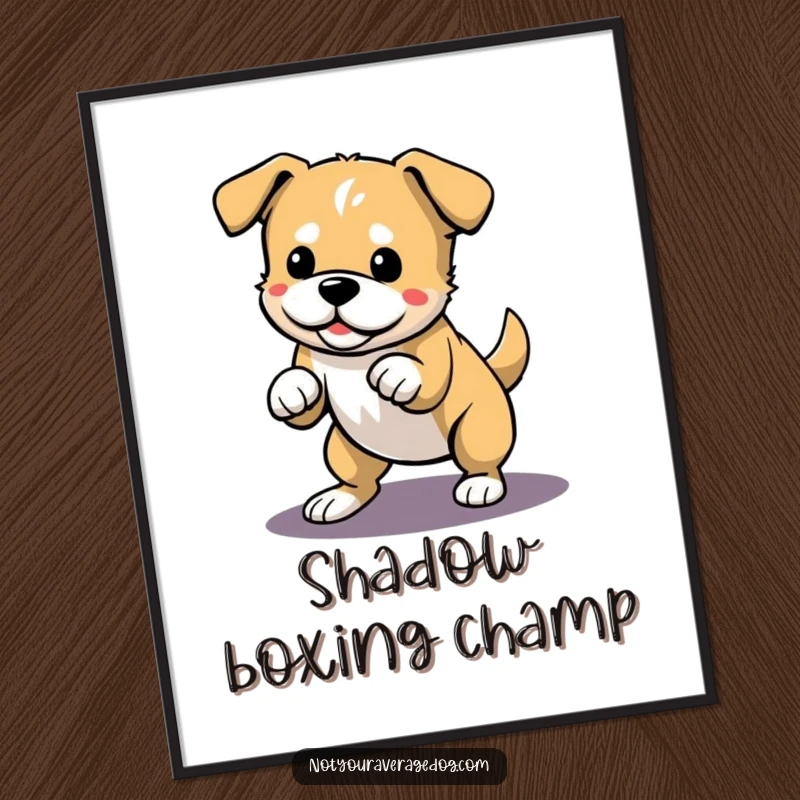 Funny digital art print of a dog energetically pouncing towards its own shadow, perfect for instant wall decor.