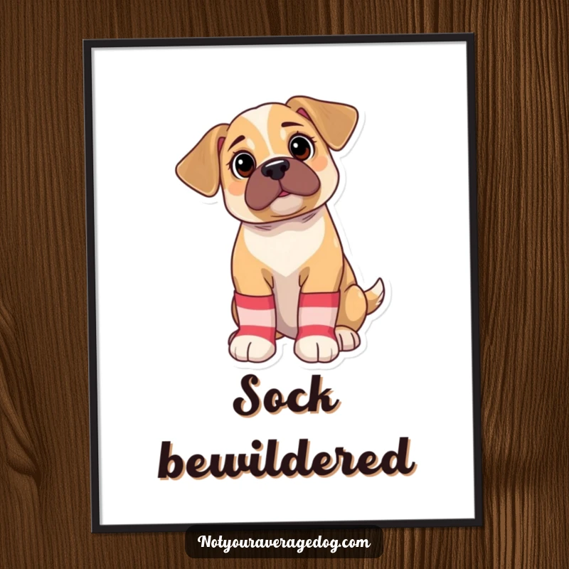 Funny Digital Art Print: Bewildered puppy adorably wearing oversized, mismatched socks, a charming and humorous artwork.
