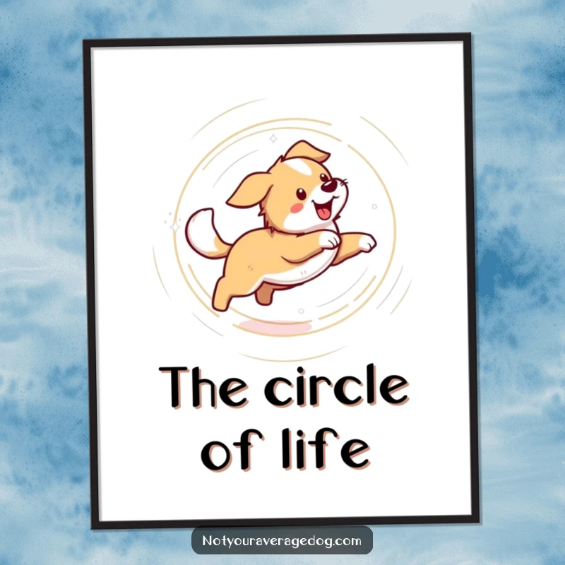 Funny digital art print of a dog in a comical dizzy spin, chasing its tail. Instant humorous download for pet lovers.