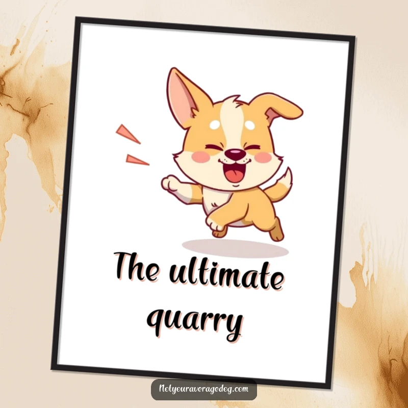 Funny chasing shadow dog digital art print, a silly dog with intense focus, enthusiastically chasing its shadow.