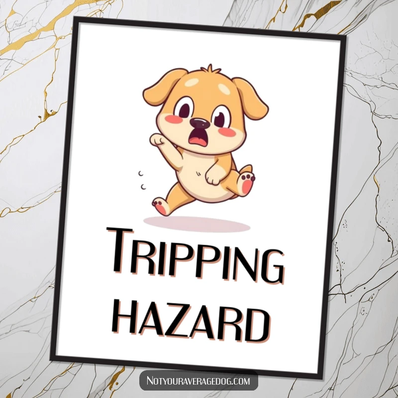 Funny digital art of a dog tripping over its feet, captured with a surprised and silly expression, ideal for wall decor.