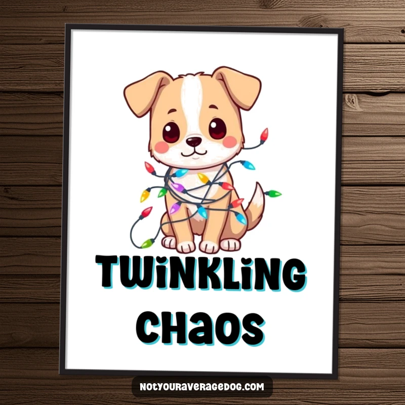 Funny digital art print of a dog hilariously entangled in colorful festive lights, capturing holiday fun and chaos.