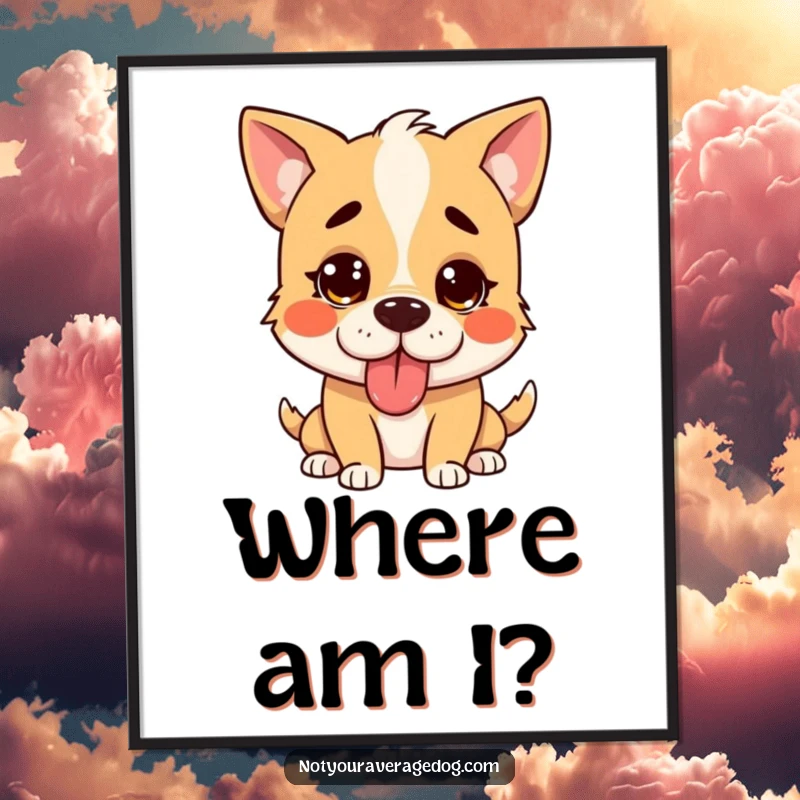 Funny confused dog digital art print, a silly dog with tongue sticking out, looking totally bewildered.