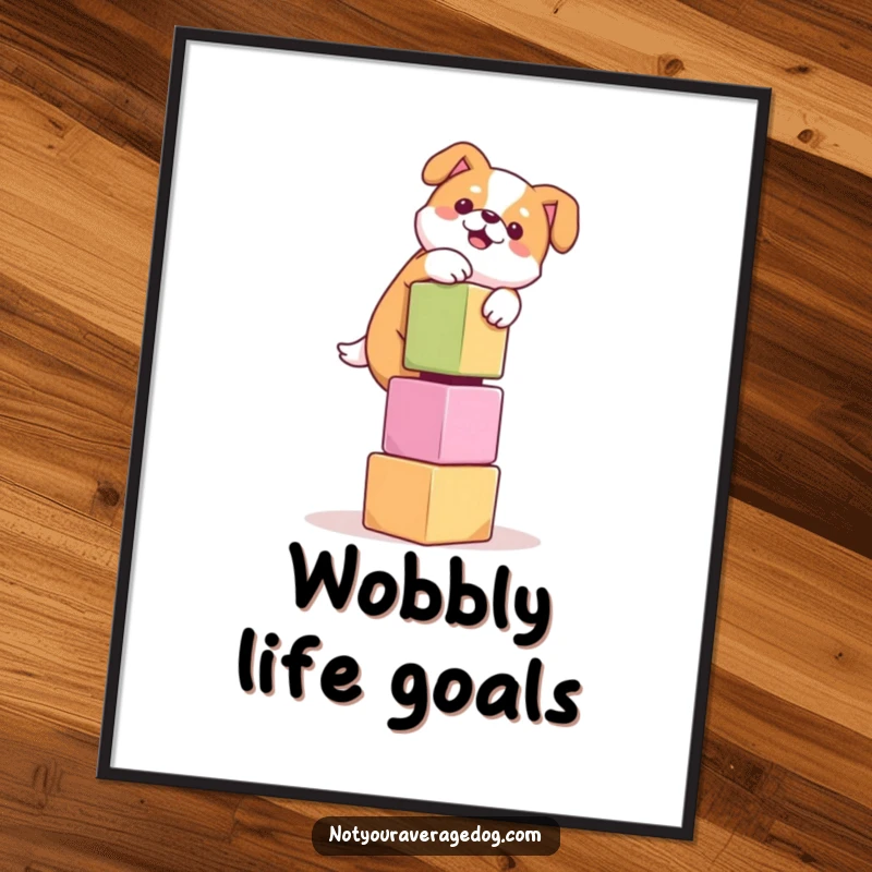 Funny digital art print of a dog comically attempting to balance a towering stack of wobbly cubes, perfect for instant wall decor.