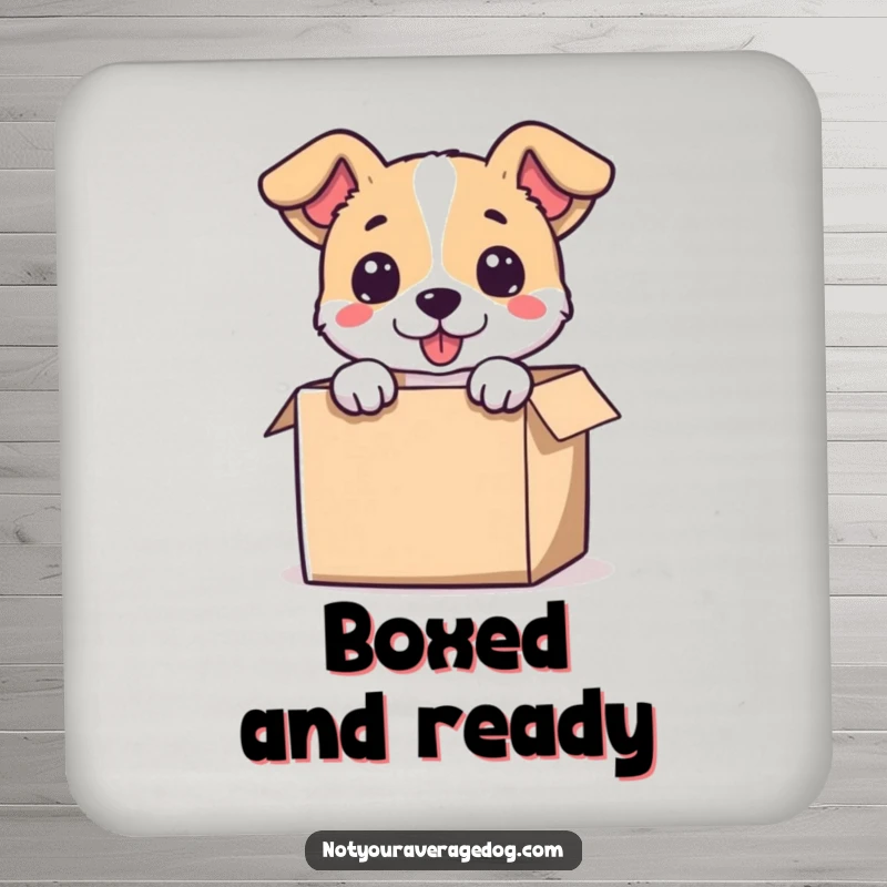 Funny drink coasters showing a dog’s head humorously sticking out of a comically small box, protecting surfaces with charm.