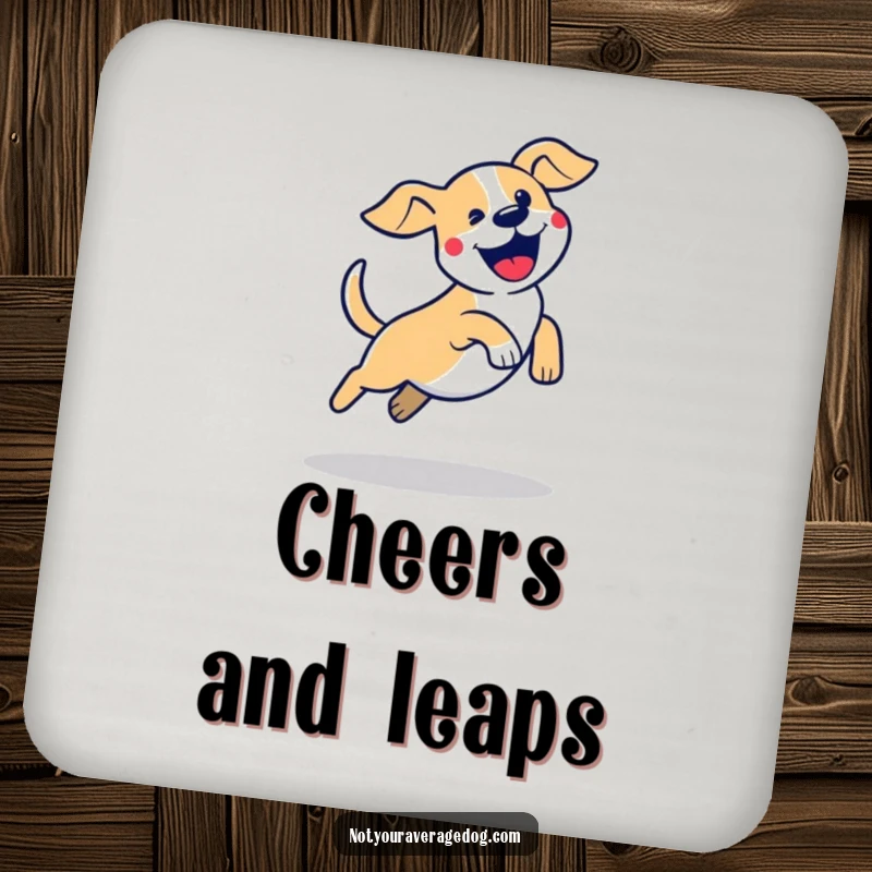 Funny dog jump coasters showing a stylized dog silhouette in a clumsy, excited jump, protecting surfaces with humor.