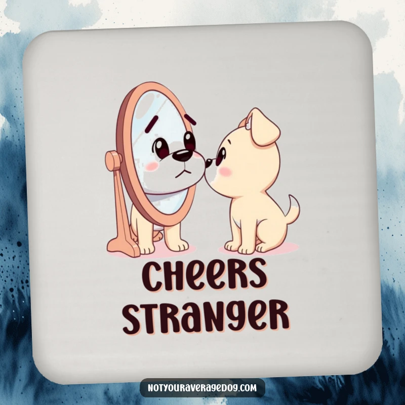 Funny coasters featuring a dog looking confusedly into a mirror, pondering the silly stranger staring back, adding humor.