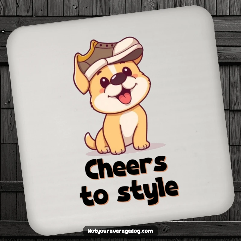 Funny coasters featuring a dog with great determination trying to wear a shoe as a hat, adding humor to drink protection.