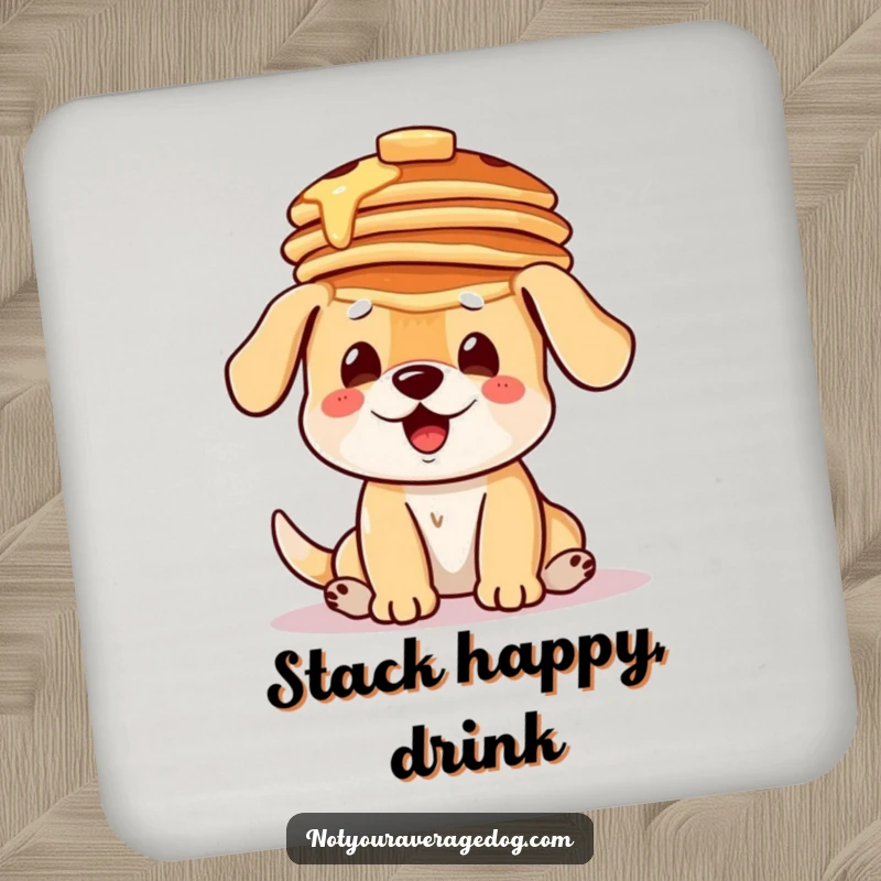 Funny drink coasters showing a dog hilariously balancing a stack of pancakes on its head, protecting surfaces with charm.