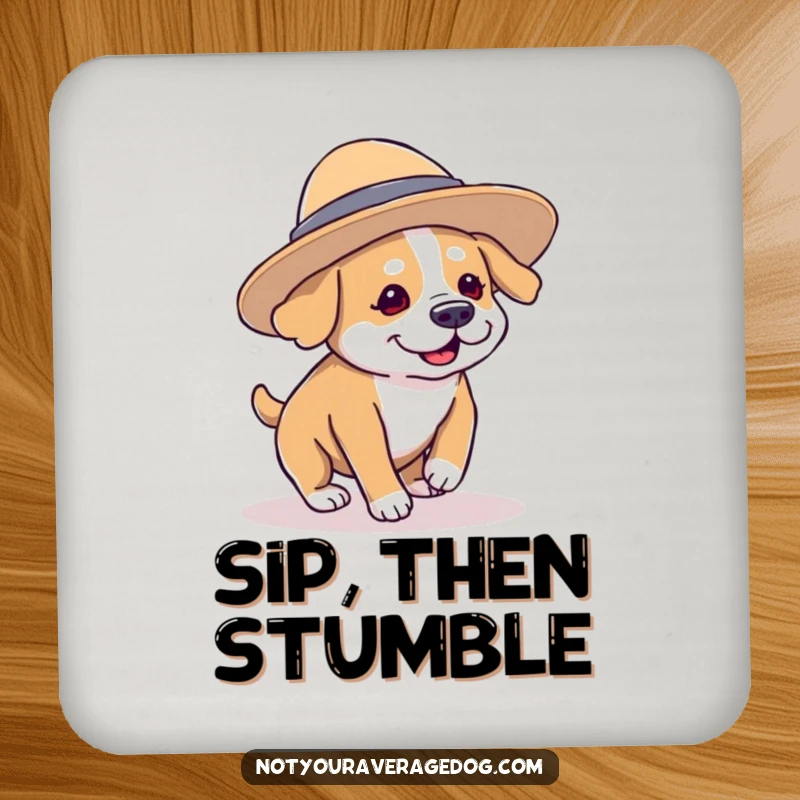 Funny dog character wearing a comically oversized hat and tripping over its paws, a protective and humorous drink coaster.