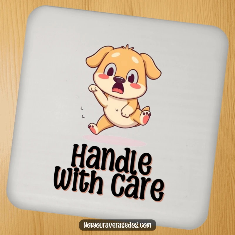Funny coasters featuring a dog tripping over its own feet, captured with a surprised and silly expression, adding humor.