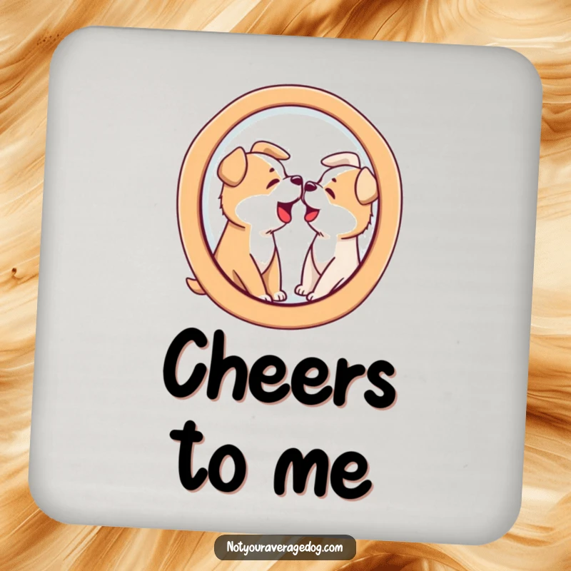 Funny drink coasters with a dog barking at its distorted reflection in a funhouse mirror shape, adding humorous decor.