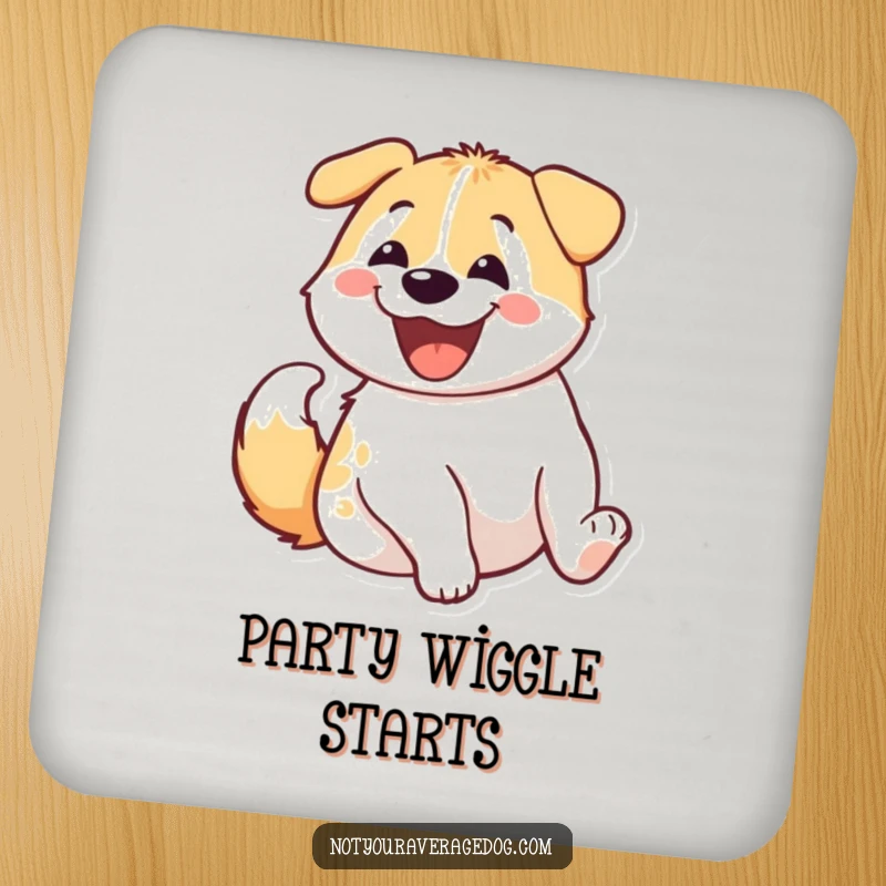 Funny dog's happy, wiggling rear end depicted on a drink coaster, a charming and humorous addition to any beverage station.