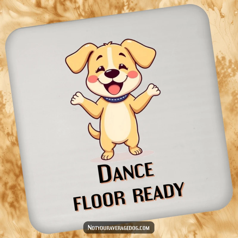 Funny drink coaster with a dog character dancing with its floppy ears, a humorous and energetic addition to any table.
