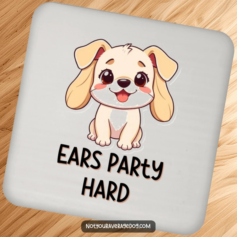 Funny dog coaster showcasing a dog whose ears are exaggeratedly large and expressive, adding humor to your drink setup.