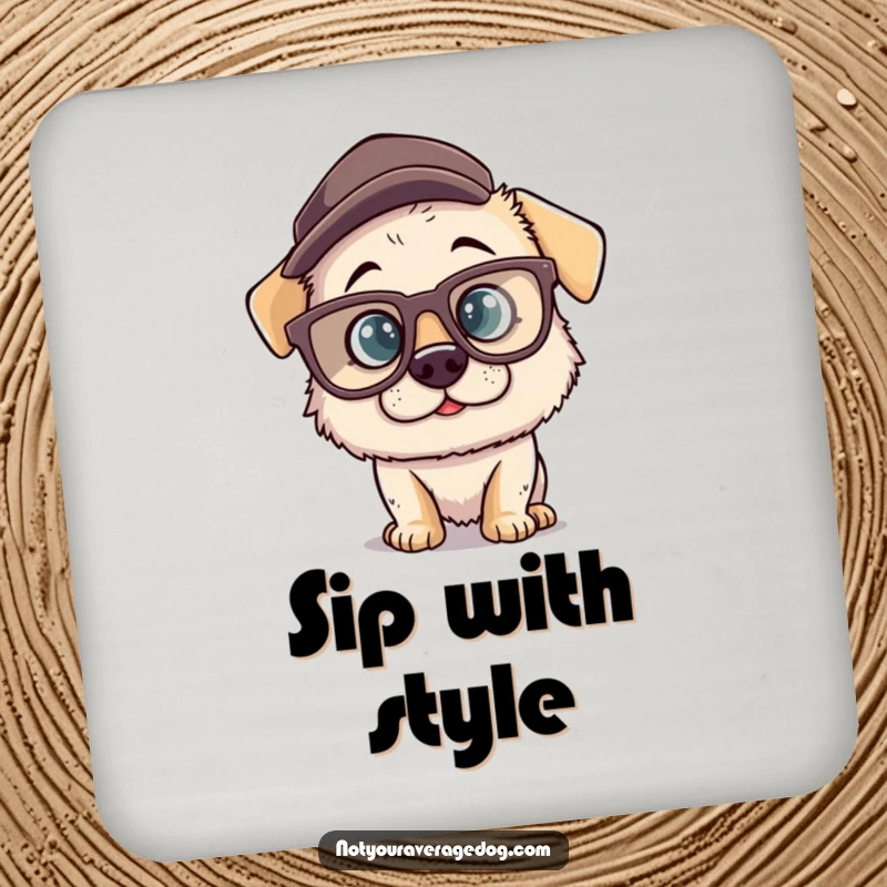 Funny drink coaster featuring a silly dog character wearing oversized comical glasses and a misplaced hat, adding a playful and protective element to any table.