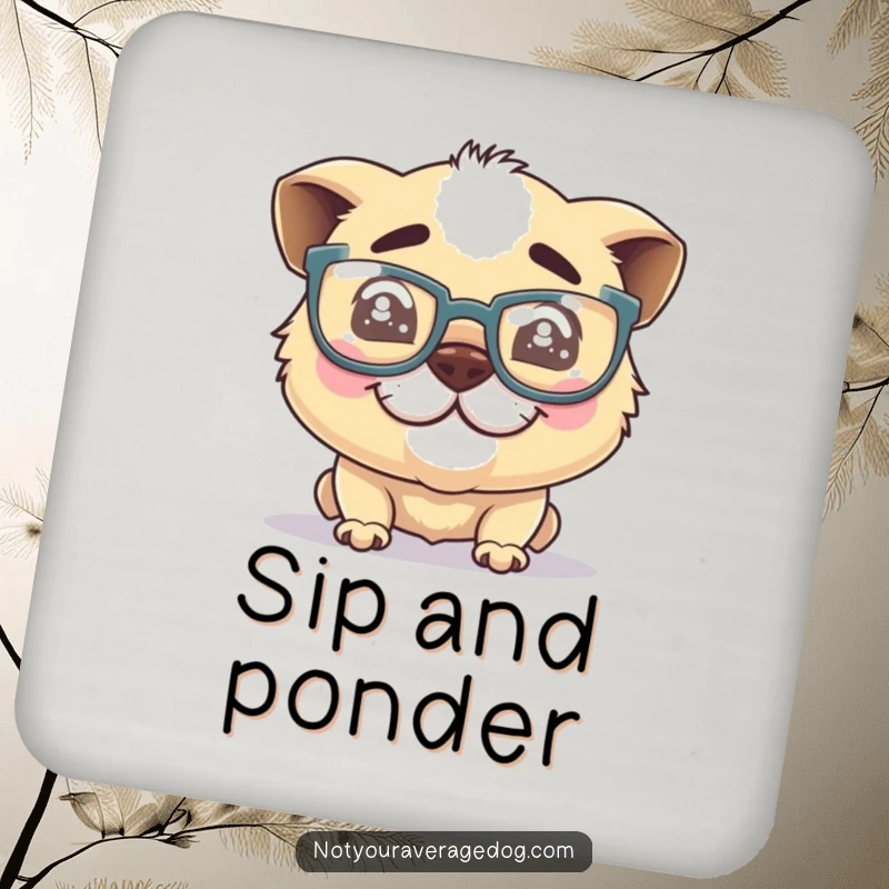 Funny dog glasses coasters, a silly dog with oversized glasses and a crooked grin, protecting surfaces with humor.