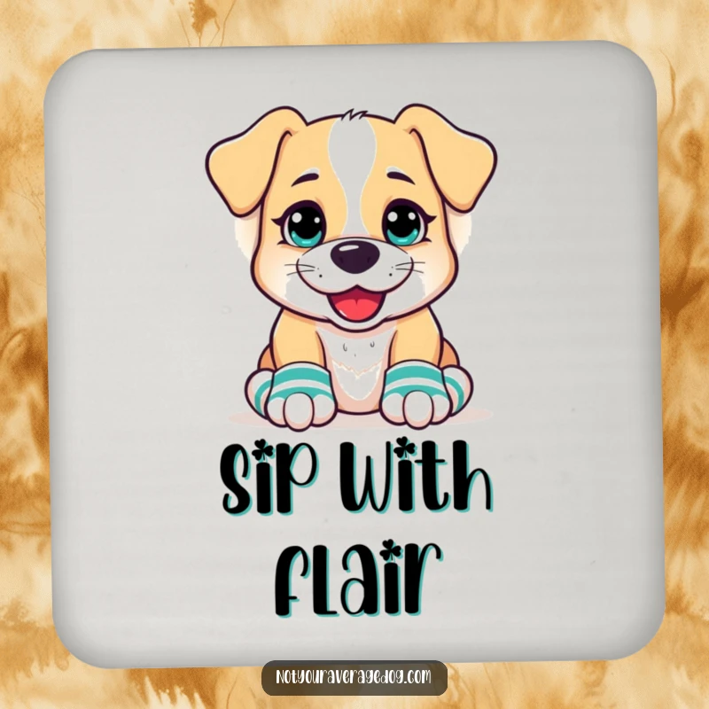 Funny Dog Coaster showing a dog with a goofy grin, wearing mismatched socks on its front paws, protecting surfaces with comedic charm.