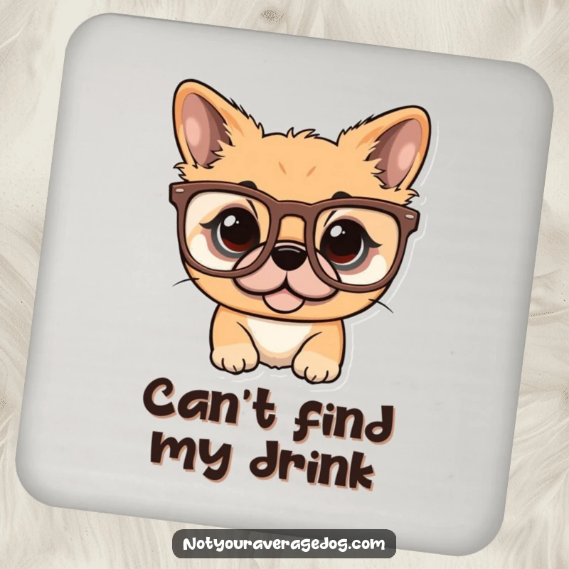 Funny drink coaster featuring a dog comically trying to wear a pair of oversized glasses.