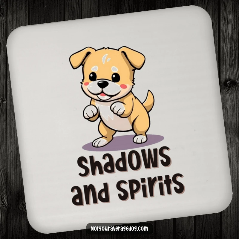 Funny coaster set with a dog playfully pouncing on its shadow, a humorous addition to any table.
