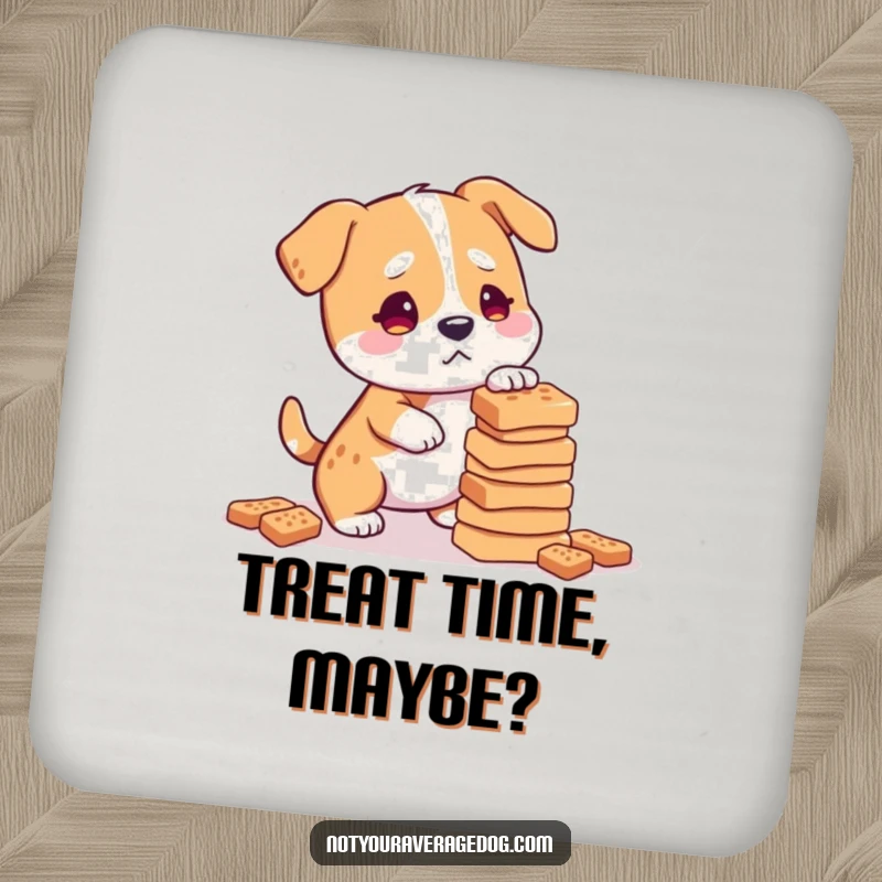 Funny confused dog balancing treats, on a protective drink coaster.