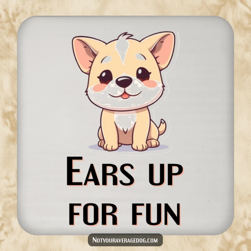 Funny drink coaster with a dog character wiggling its ears independently, a humorous and charming addition to any table.