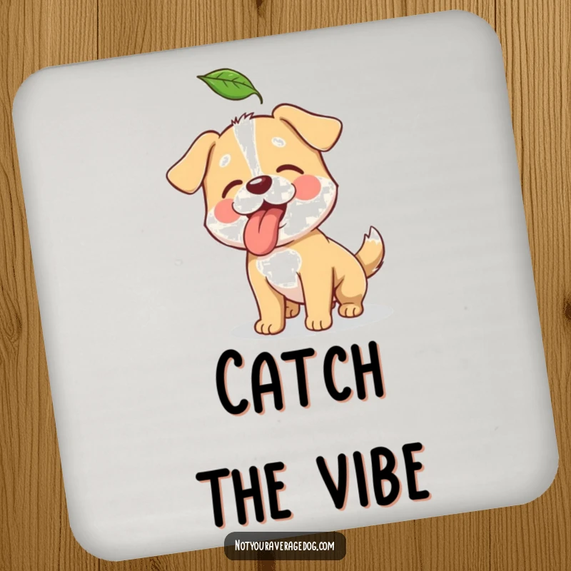 Funny drink coaster featuring a dog humorously trying to catch a falling leaf, protecting surfaces.