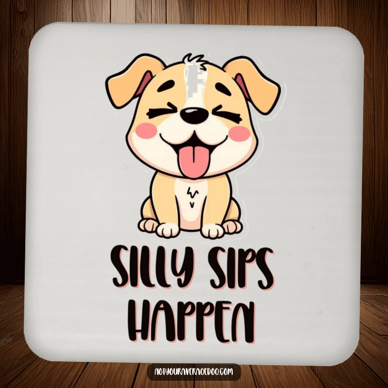 Funny stylized dog character with its tongue hanging out and eyes crossed, a protective and humorous drink coaster.