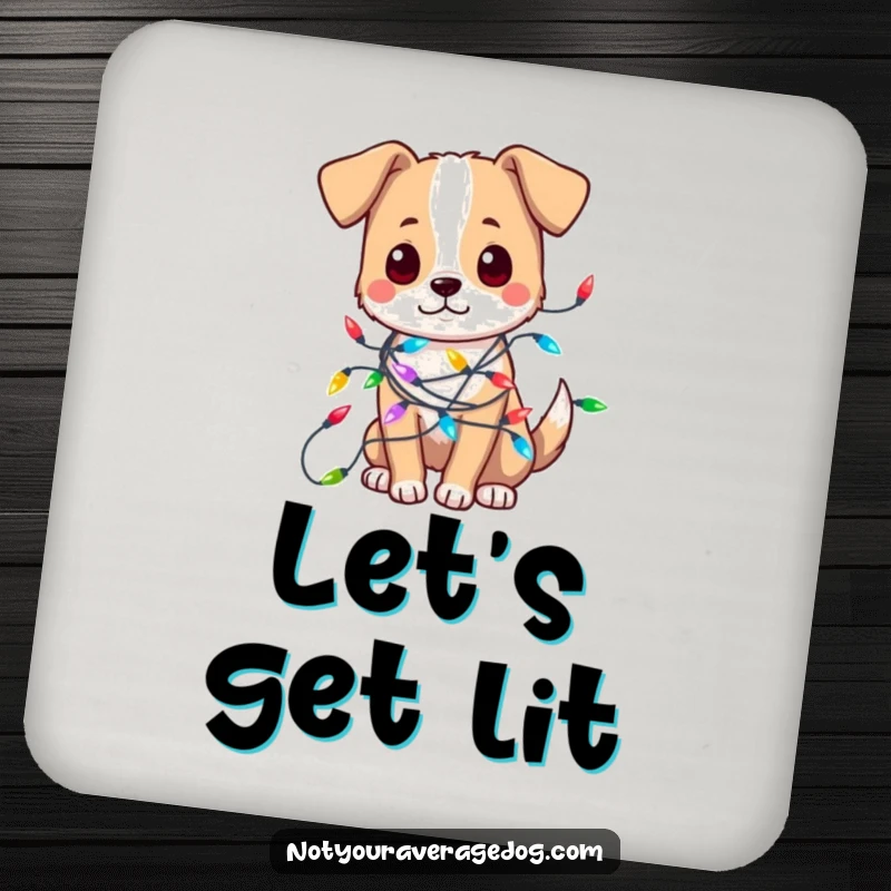 Funny drink coasters showing a dog humorously tangled in colorful festive lights, perfect for holiday parties and tables.