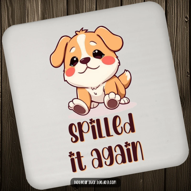 Funny dog coaster with a character tripping over its own feet with a comical expression, protecting surfaces.