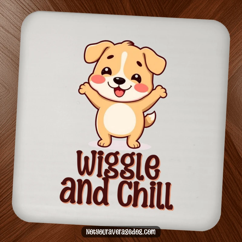 Funny drink coaster featuring a dog with a wiggly body doing a silly dance.