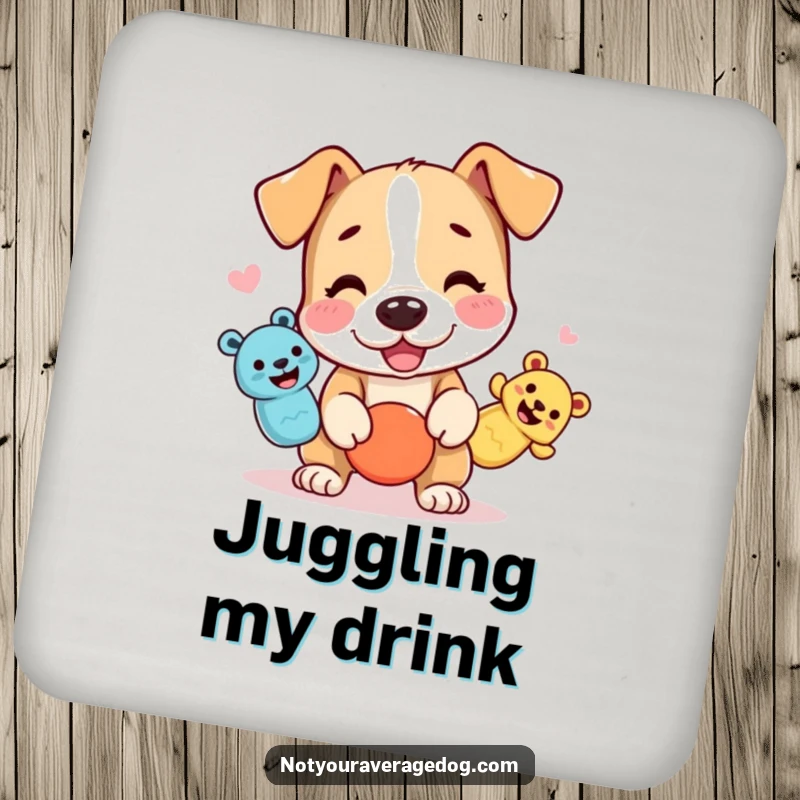 Funny dog coaster with a character juggling three squeaky toys, protecting surfaces with humor.