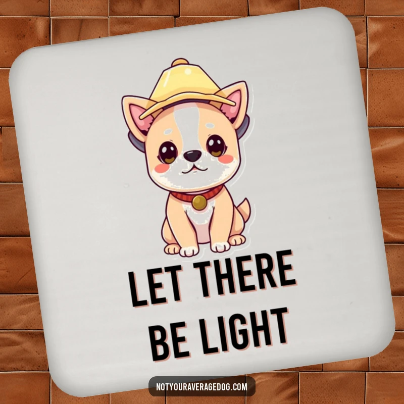 Funny dog wearing a lampshade hat, adding a touch of whimsical protection to any surface with this coaster.