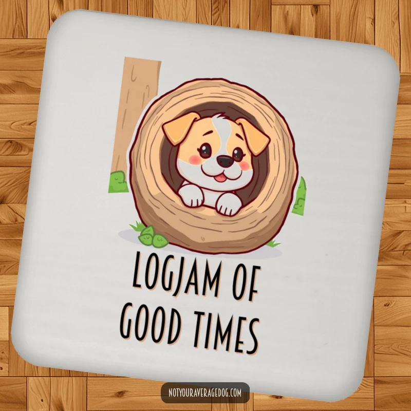 Funny dog with its head inside a hollow log depicted on a drink coaster, a humorous addition to any table.