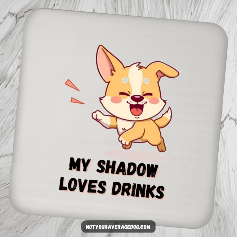 Funny chasing shadow dog coasters, featuring a silly dog with intense focus, chasing its shadow.