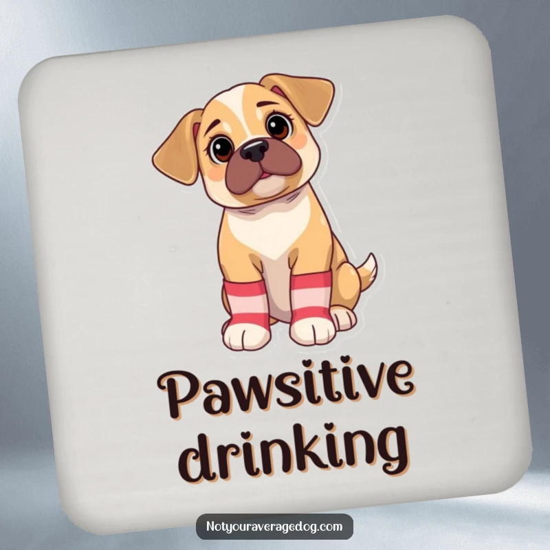Funny Coaster: Bewildered puppy wearing oversized, mismatched socks, protects surfaces with adorable humor.