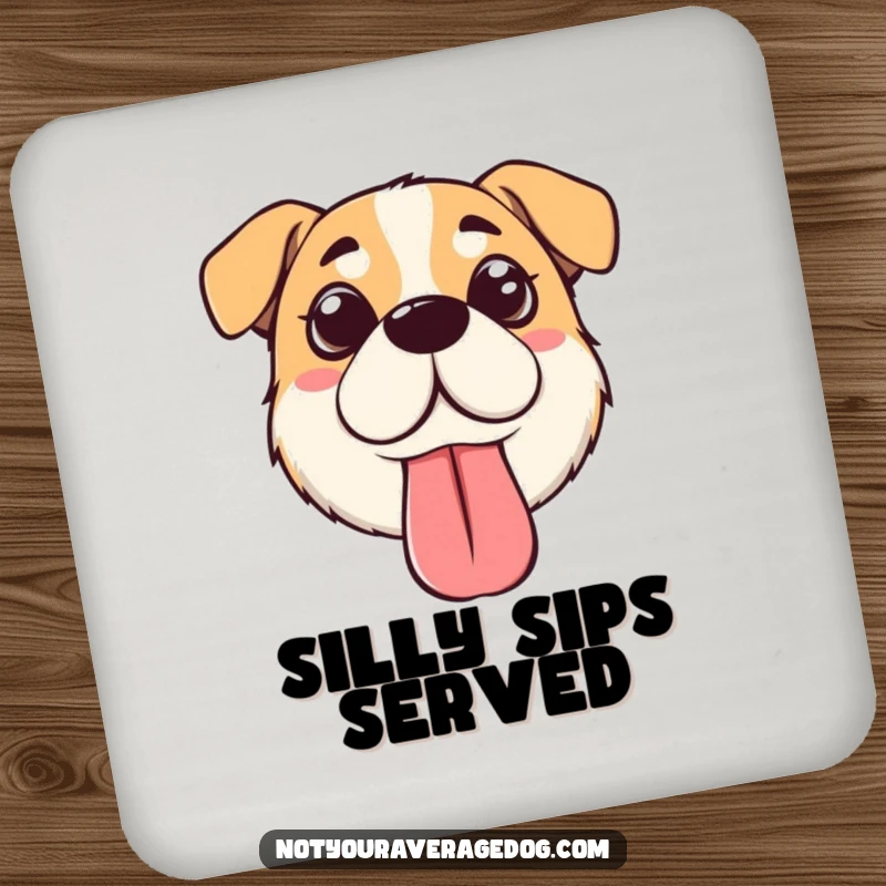 Funny silly dog face coasters showing a dog with crossed eyes and a floppy tongue, protecting surfaces with humor.