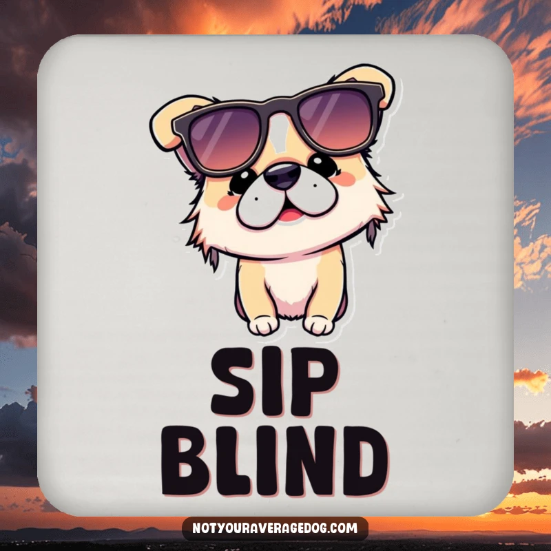 Funny dog coaster depicting a dog hilariously wearing sunglasses upside down, adding humorous protection for surfaces.