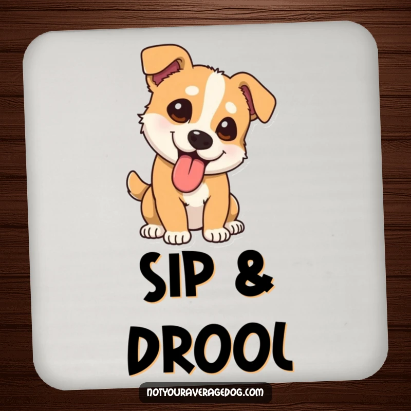 Funny dog coaster with tongue lolling out at a comical angle, protecting surfaces with a humorous and charming design.