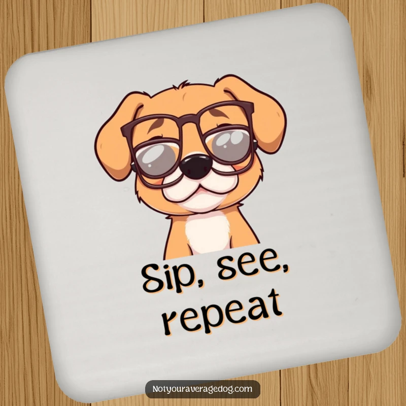 Funny dog wearing tiny, crooked glasses depicted on a drink coaster, a charming and humorous addition to any beverage setup.