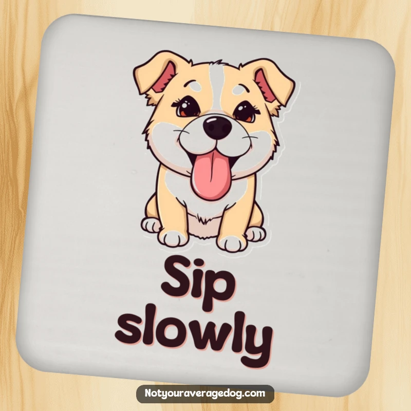 Funny Coaster: Dog with tongue sticking out sideways and eyes crossed, protects surfaces with adorable humor.