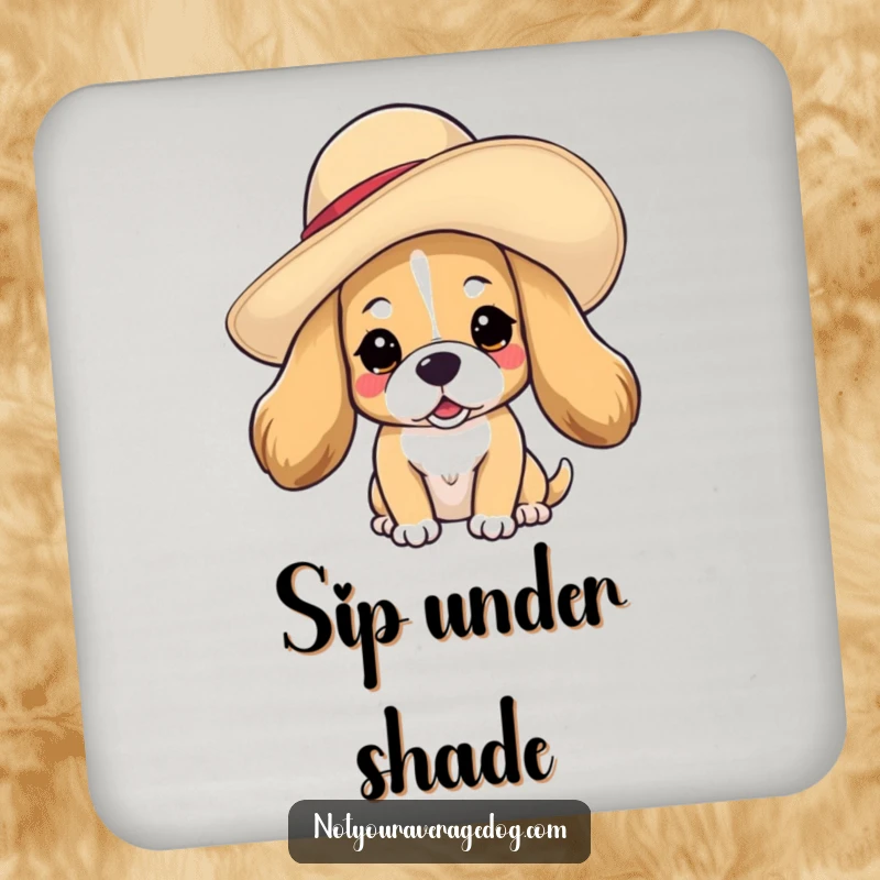Funny dog in hat coasters showing a dog wearing a tilted, floppy hat, protecting surfaces with stylish humor.