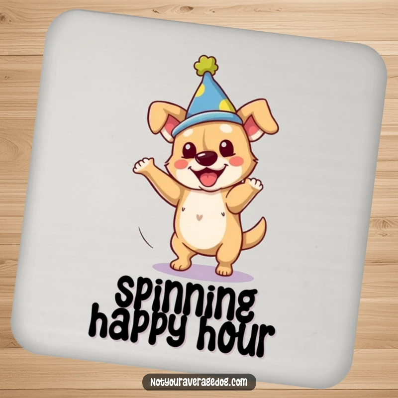 Funny dog wearing a silly hat, mid-clumsy spin, on a drink coaster.