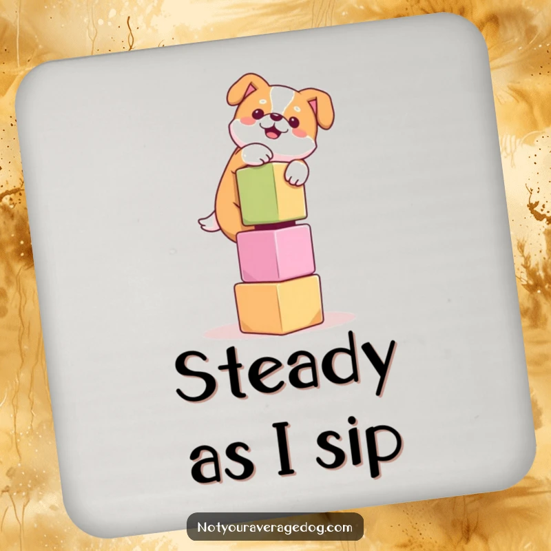 Funny coaster set showing a dog comically balancing a tower of wobbly cubes, a humorous addition to any table.